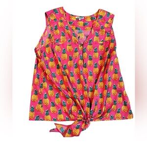 Pineapple Print Tie-Front Tank Top - Hot Pink & Yellow
